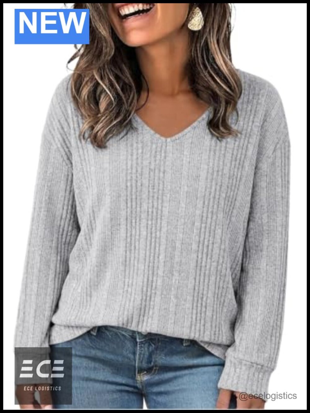 Plus Size Ribbed Knit Long Sleeve V Neck Top